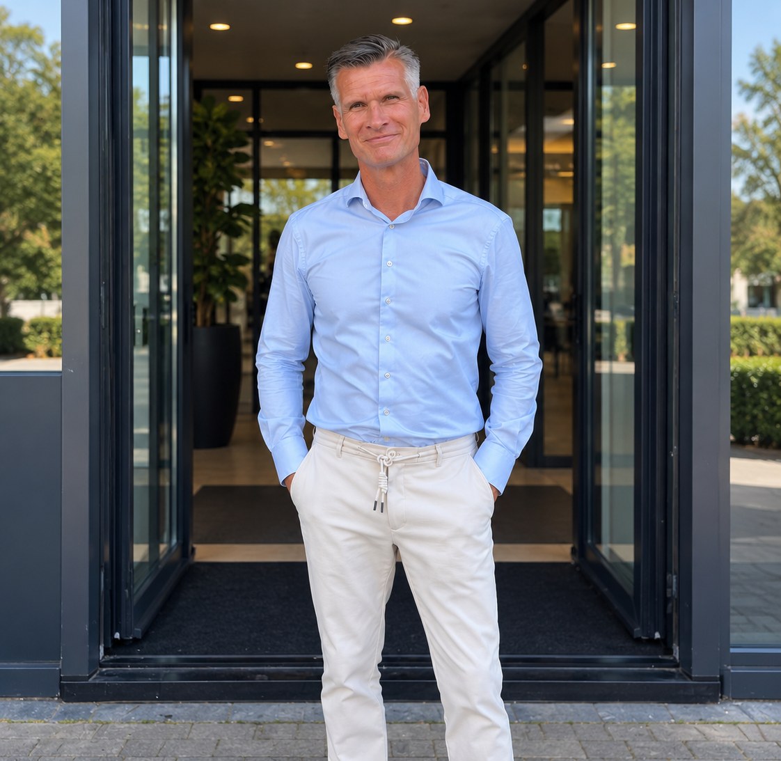 Michel Onrust in een lichtblauw overhemd, staand voor de entree van een modern kantoor