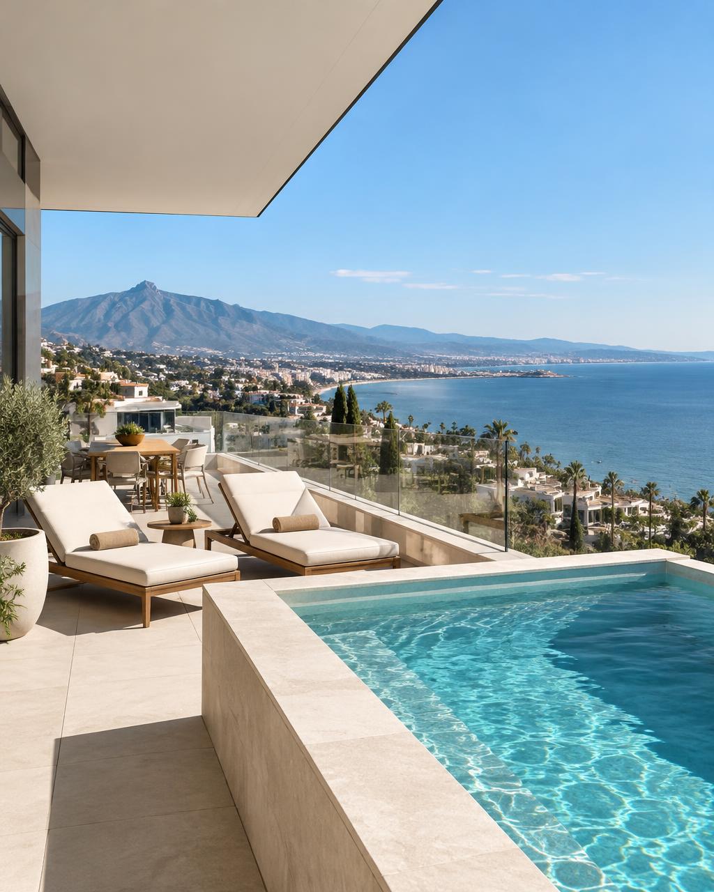 Terras met zwembad en panoramisch zeezicht over de kust van Marbella
